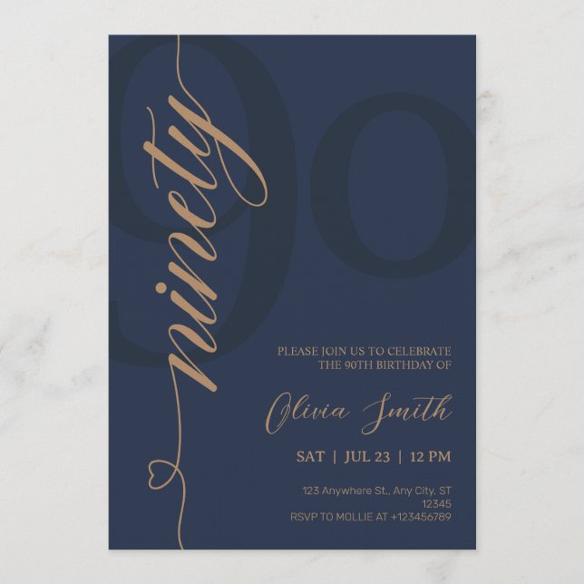 Invitation Fête d'anniversaire 90 ans Navy Blue & Or Moderne (Devant)