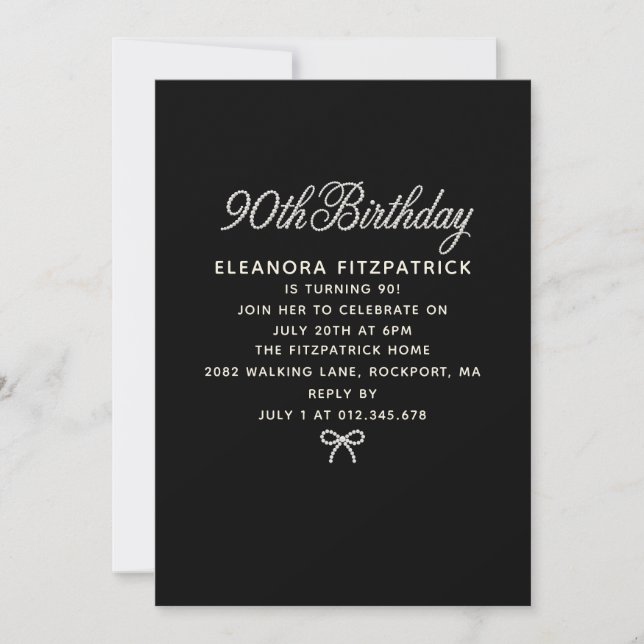 Invitation Fête d'anniversaire 90 ans Noir Blanc Perle Script (Devant)