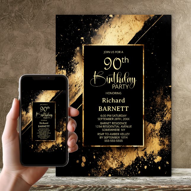 Invitation Fête d'anniversaire 90 ans noir et or (Créateur téléchargé)