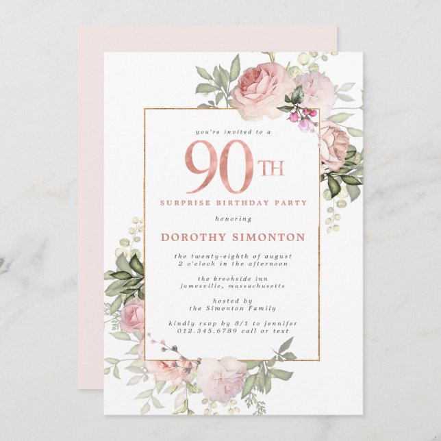 Invitation Fête d'anniversaire 90 ans Or Rose Floral (Devant / Derrière)