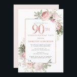Invitation Fête d'anniversaire 90 ans Or Rose Floral<br><div class="desc">Honorez une femme spéciale avec cette invitation élégante et féminine pour son 90e anniversaire. Le "90e" est écrit en grand texte rose. Suit une surprise-party. Le nom de l'invitée d'honneur est également en lettres majuscules roses. Le reste du texte est gris colombe doux. Les détails de la célébration des 90...</div>