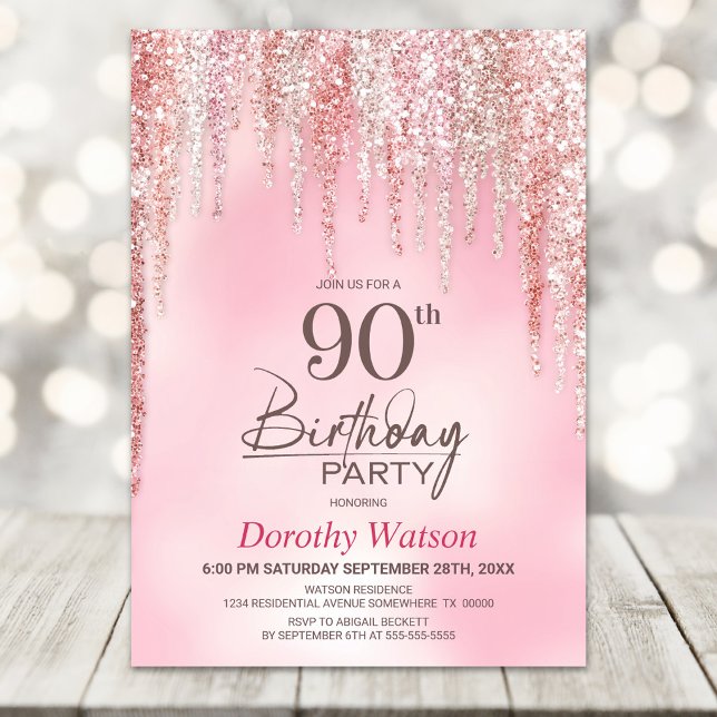 Invitation Fête d'anniversaire 90 ans Paillettes Roses (Créateur téléchargé)