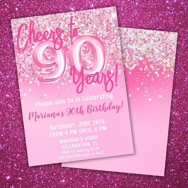 Invitation Fête d'anniversaire 90 ans paillettes roses (Créateur téléchargé)