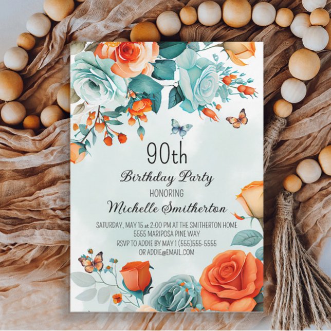 Invitation Fête d'anniversaire 90 ans papillons floraux orang (Créateur téléchargé)