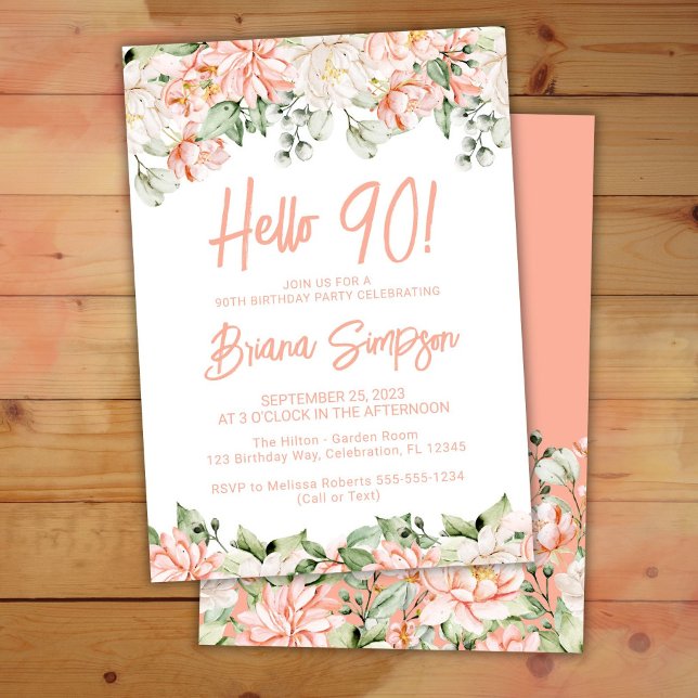 Invitation Fête d'anniversaire 90 ans Peach Blush Ivory Flora (Créateur téléchargé)