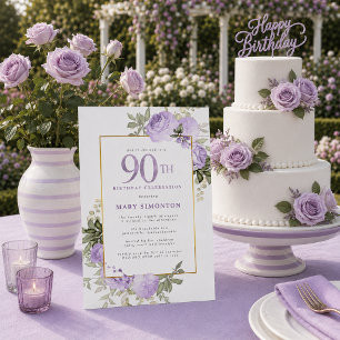 Invitation Fête d'anniversaire 90 ans Rose Or Fleur Violet