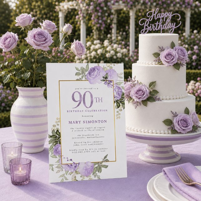 Invitation Fête d'anniversaire 90 ans Rose Or Fleur Violet (Créateur téléchargé)