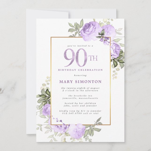 Invitation Fête d'anniversaire 90 ans Rose Or Fleur Violet (Devant)