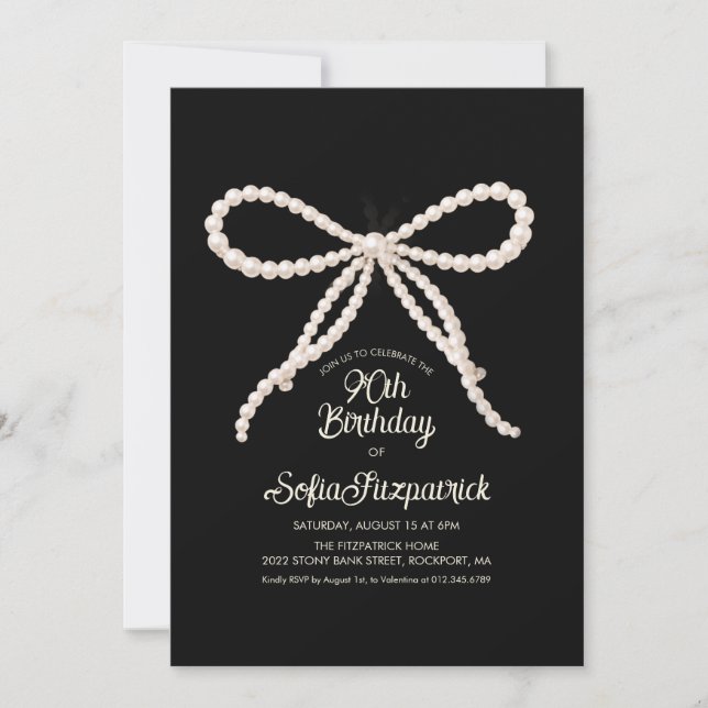 Invitation Fête d'anniversaire 90 ans Ruban perle noir et bla (Devant)