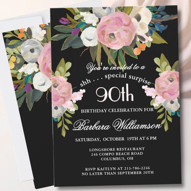 Invitation Fête d'anniversaire 90 ans SURPRISE fleurs peintes (Créateur téléchargé)