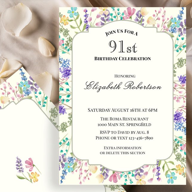 Invitation Fête d'anniversaire 91 ans aux fleurs sauvages col (Créateur téléchargé)