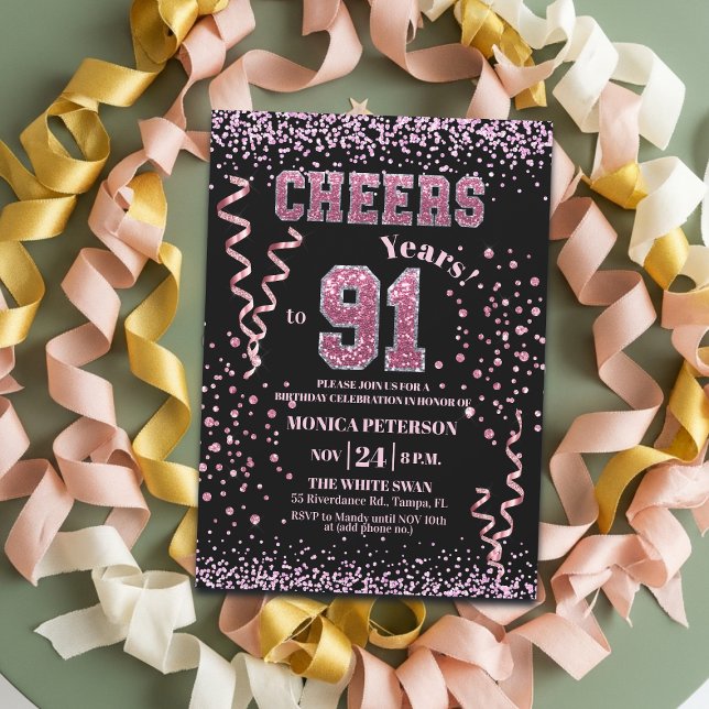 Invitation Fête d'anniversaire 91 ans avec strass glitter ros (Créateur téléchargé)