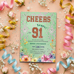 Invitation Fête d'anniversaire 91 ans Floral Pailleté Émeraud