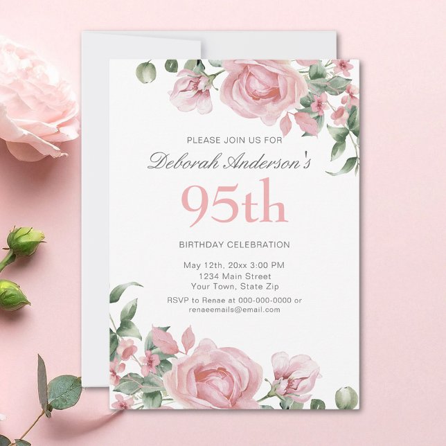Invitation Fête d'anniversaire 95 ans à l'aquarelle Rose PInk (Créateur téléchargé)