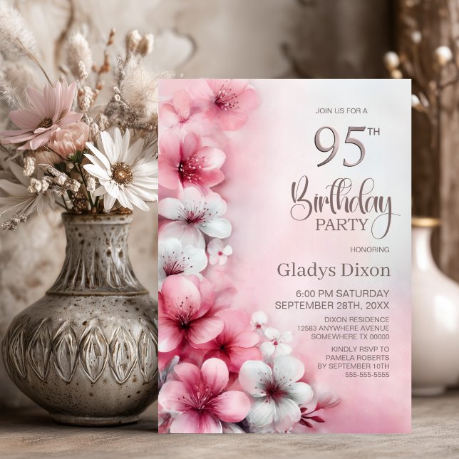 Invitation Fête d'anniversaire 95 ans aux fleurs roses et bla (Créateur téléchargé)