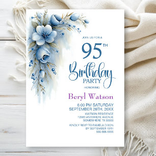 Invitation Fête d'anniversaire 95 ans Blue Floral