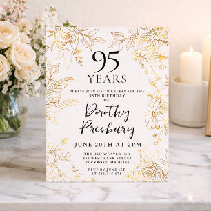 Invitation Fête d'anniversaire 95 ans Gold White Floral