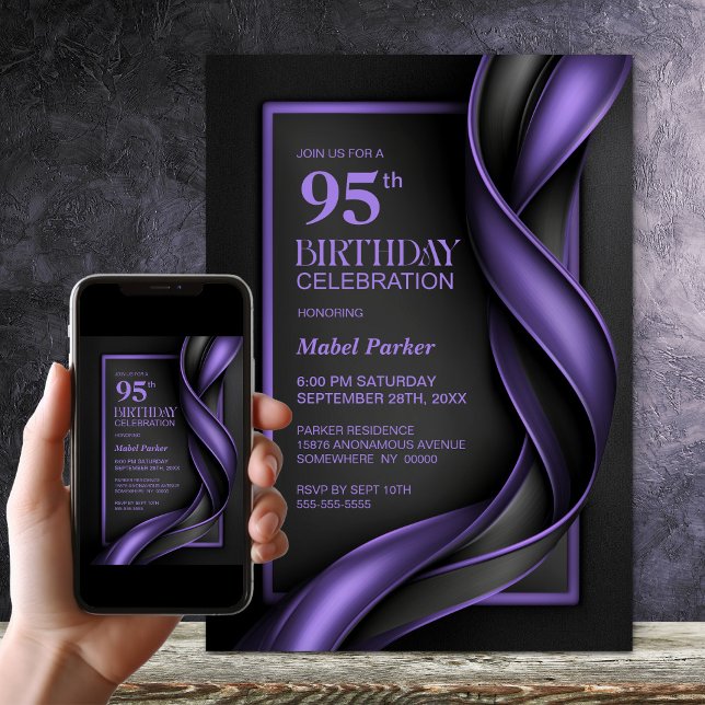 Invitation Fête d'anniversaire 95 ans moderne noir et violet (Créateur téléchargé)
