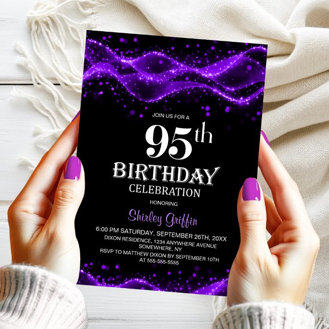 Invitation Fête d'anniversaire 95 ans moderne noir et violet (Créateur téléchargé)