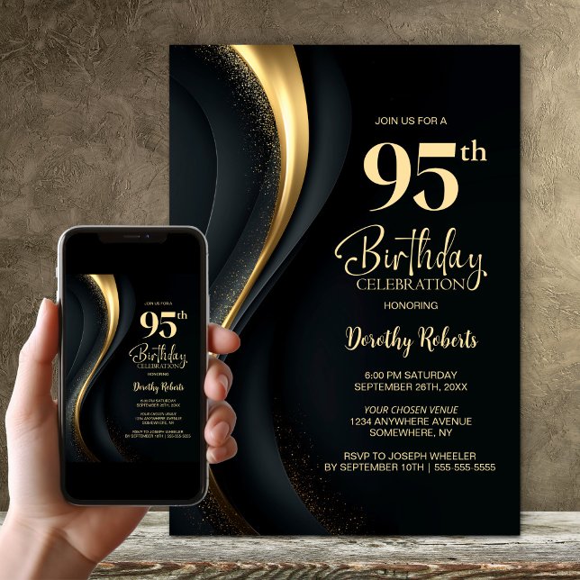 Invitation Fête d'anniversaire 95 ans noir et or (Créateur téléchargé)
