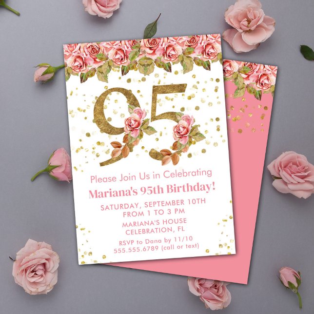 Invitation Fête d'anniversaire 95 ans Pink Floral Gold Glitte (Créateur téléchargé)