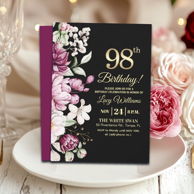Invitation Fête d'anniversaire 98 Or Floral Élégant (Créateur téléchargé)
