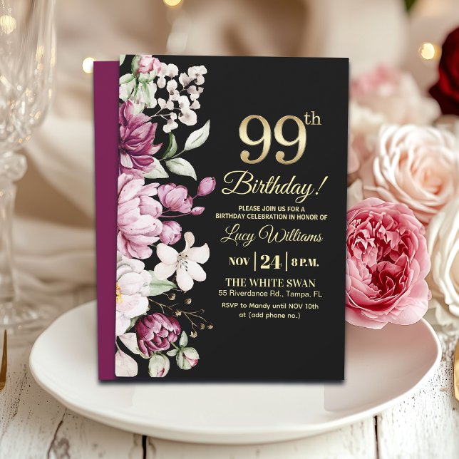 Invitation Fête d'anniversaire 99 Élégante Florale Or (Créateur téléchargé)