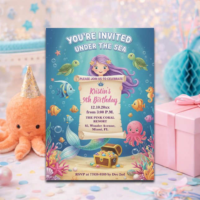 Invitation Fête d'anniversaire 9 ans de sirène sous la mer ro (Créateur téléchargé)