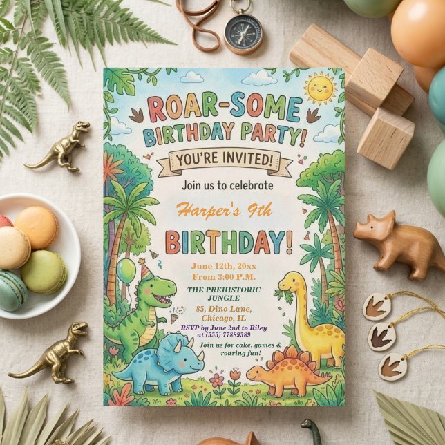 Invitation Fête d'anniversaire 9 ans Dinosaures Aquarelle Jun (Créateur téléchargé)