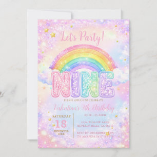 Invitation Fête d'anniversaire 9 ans étoile arc-en-ciel rose