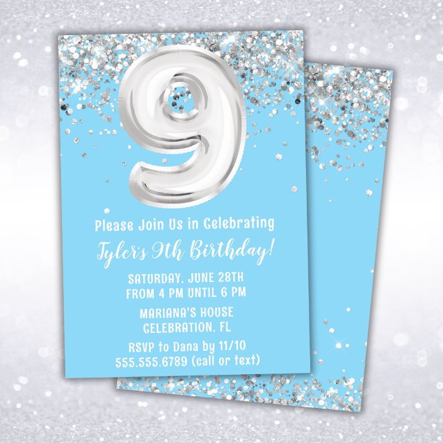 Invitation Fête d'anniversaire 9 ans Light Blue Silver (Créateur téléchargé)