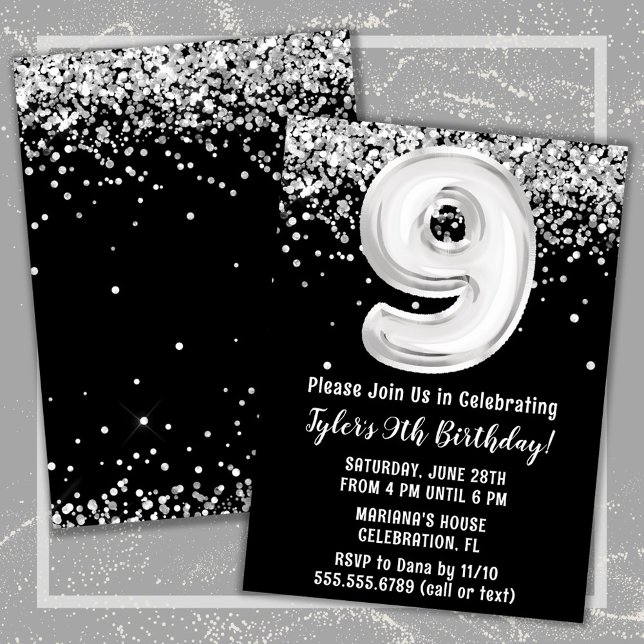 Invitation Fête d'anniversaire 9 ans noir et blanc (Créateur téléchargé)