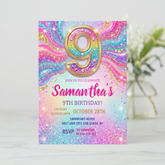 Invitation Fête d'anniversaire 9 ans Paillettes Étincelles Ar
