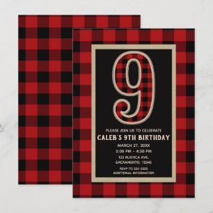 Invitation Fête d'anniversaire 9 ans Plaid Buffalo Rouge Noir