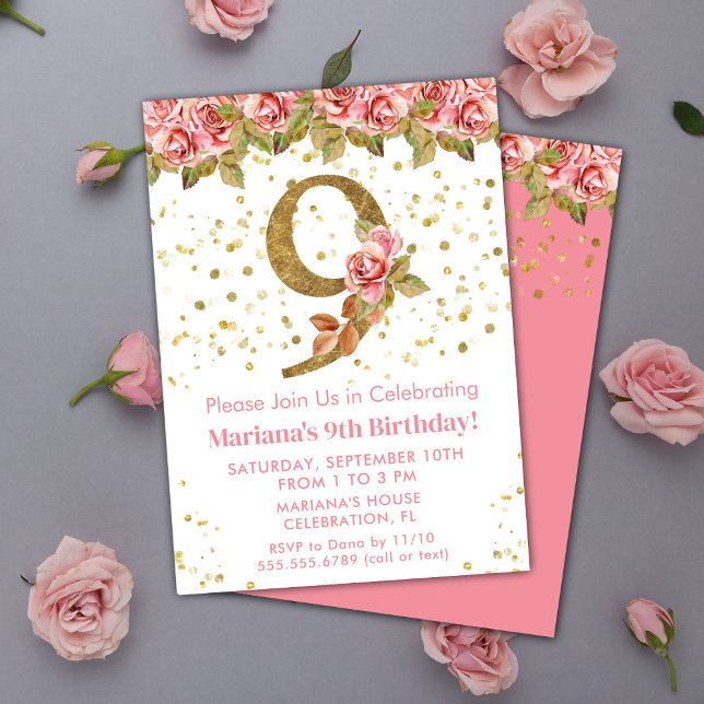 Invitation Fête d'anniversaire 9 ans Roses Fleuris Rose (Créateur téléchargé)