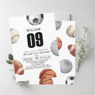 Invitation Fête d'anniversaire 9 ans sports Rockie aquarelle