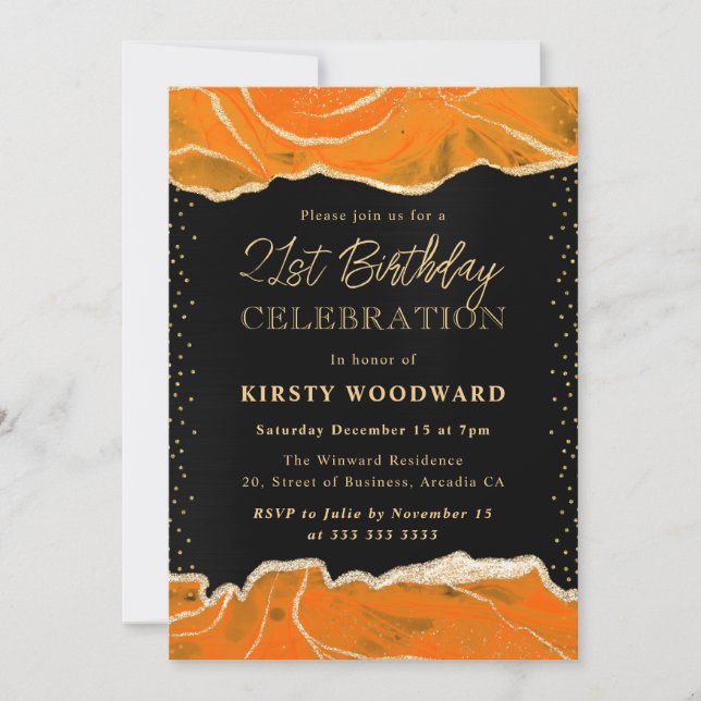 Invitation Fête d'anniversaire à agate pailletée orange et or (Devant)