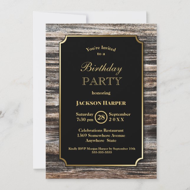 Invitation Fête d'anniversaire à bordure en bois noir (Devant)