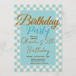 Invitation Fête d'anniversaire à carreaux pastel bleu personn