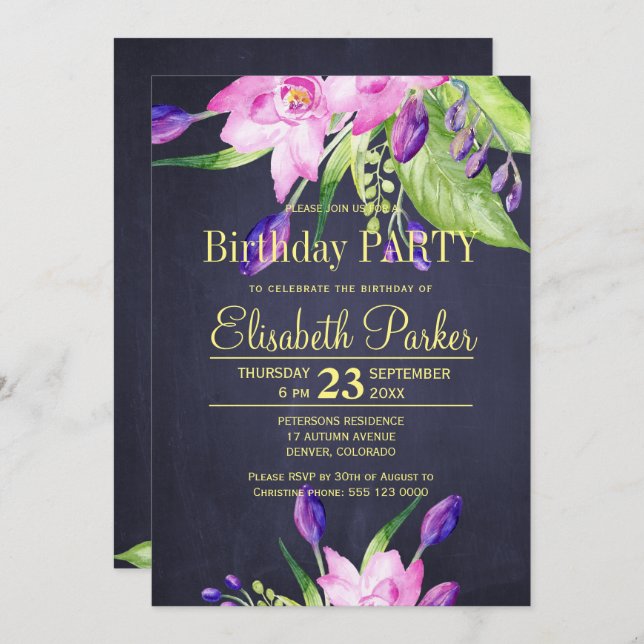 Invitation Fête d'anniversaire à fleurs chic et pourpre (Devant / Derrière)