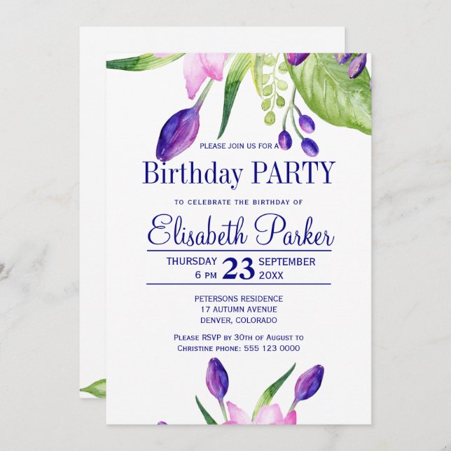 Invitation Fête d'anniversaire à fleurs marine rose pâle (Devant / Derrière)