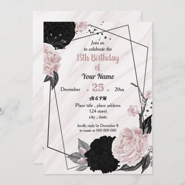Invitation Fête d'anniversaire à fleurs roses noires et douce (Devant / Derrière)