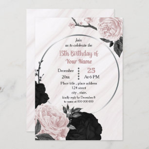 Invitation Fête d'anniversaire à fleurs roses noires et douce