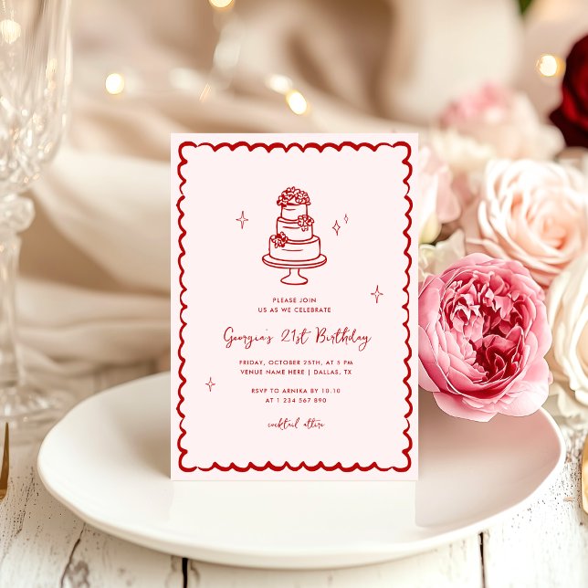 Invitation Fête d'anniversaire à gâteau rose et rouge dessiné (Créateur téléchargé)