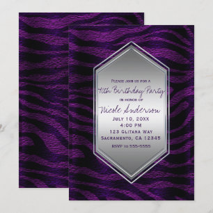 Invitation Fête d'anniversaire à imprimé zèbre noir violet po