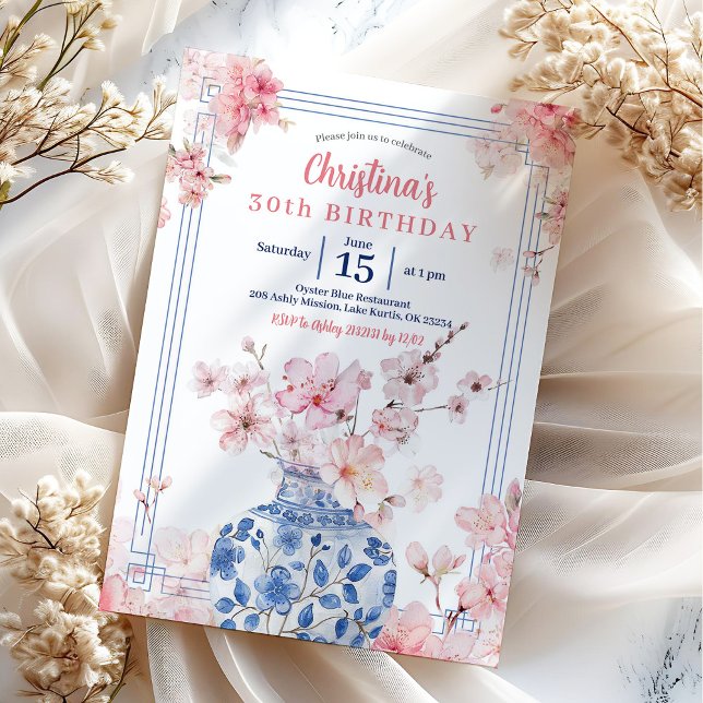 Invitation Fête d'anniversaire à la chinoiserie rose cerisier (Créateur téléchargé)