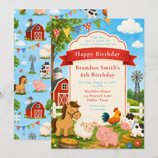 Invitation Fête d'anniversaire à la ferme (Devant / Derrière)