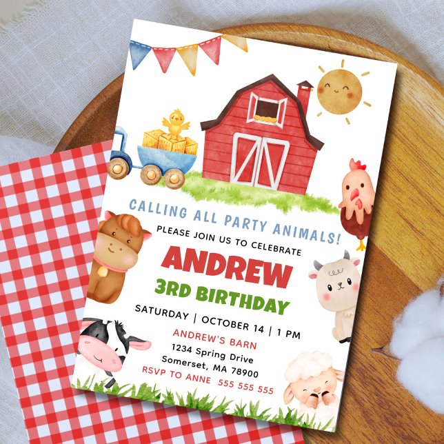 Invitation Fête d'anniversaire à la ferme Animaux de la ferme (Calling all animals! Cute editable farm birthday invitation for a fun barnyard party.)