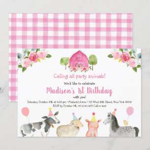 Invitation Fête d'anniversaire à la ferme rose