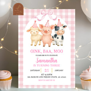 Invitation Fête d'anniversaire à la ferme rose blush à carrea